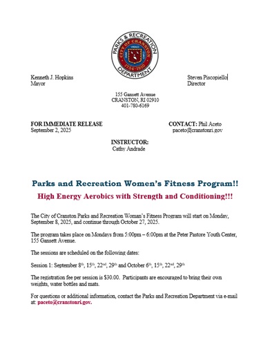 Mayor Hopkins, Cranston Parks and Recreation Announce Women's Fitness Program 